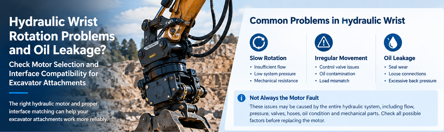 Últimos blogs de la empresa sobre Hydraulic Wrist Rotation Problems and Oil Leakage: Checking Motor Selection and Interface Compatibility for Excavator Attachments
